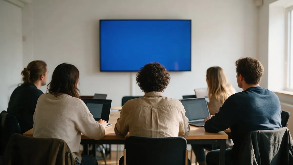 Un aula con personas de espaldas frente a sus laptops, mirando una pantalla azul