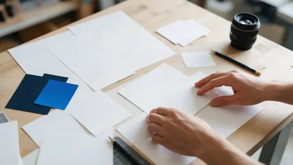Una mesa de trabajo con hojas en blanco, muestras de color azul, lápices y un lente de cámara