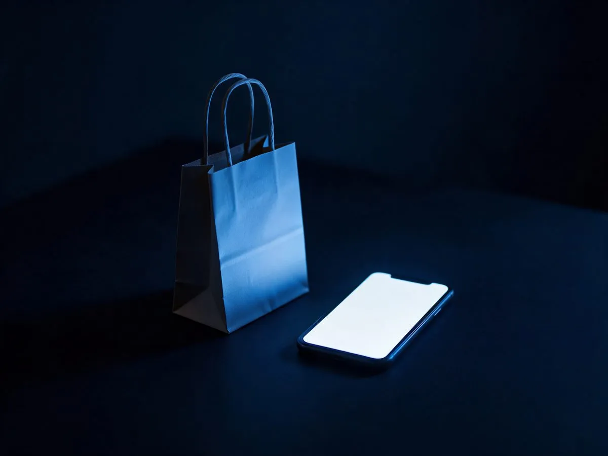 Una bolsa de compra de papel junto a un telefono con la pantalla encendida